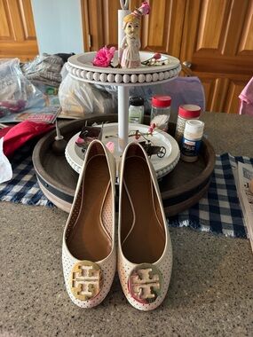 Tory Burch White Perforated Logo Ballet Flats